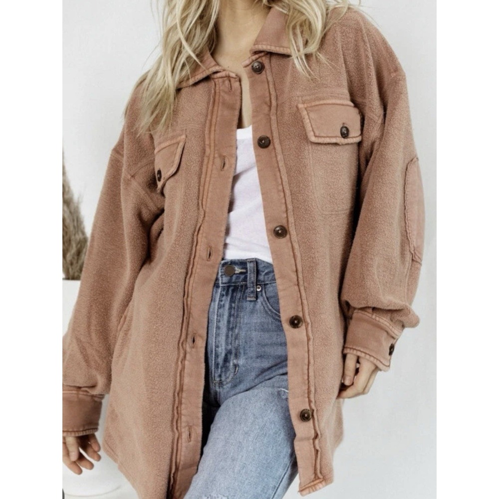 Free People Ruby Shirt Boho Distress Fleece Oversize Button Shacket Jacket L